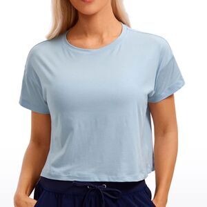CRZ YOGA Pima Cotton Short Sleeves Cropped Crew Neck, Blue Linen, XS